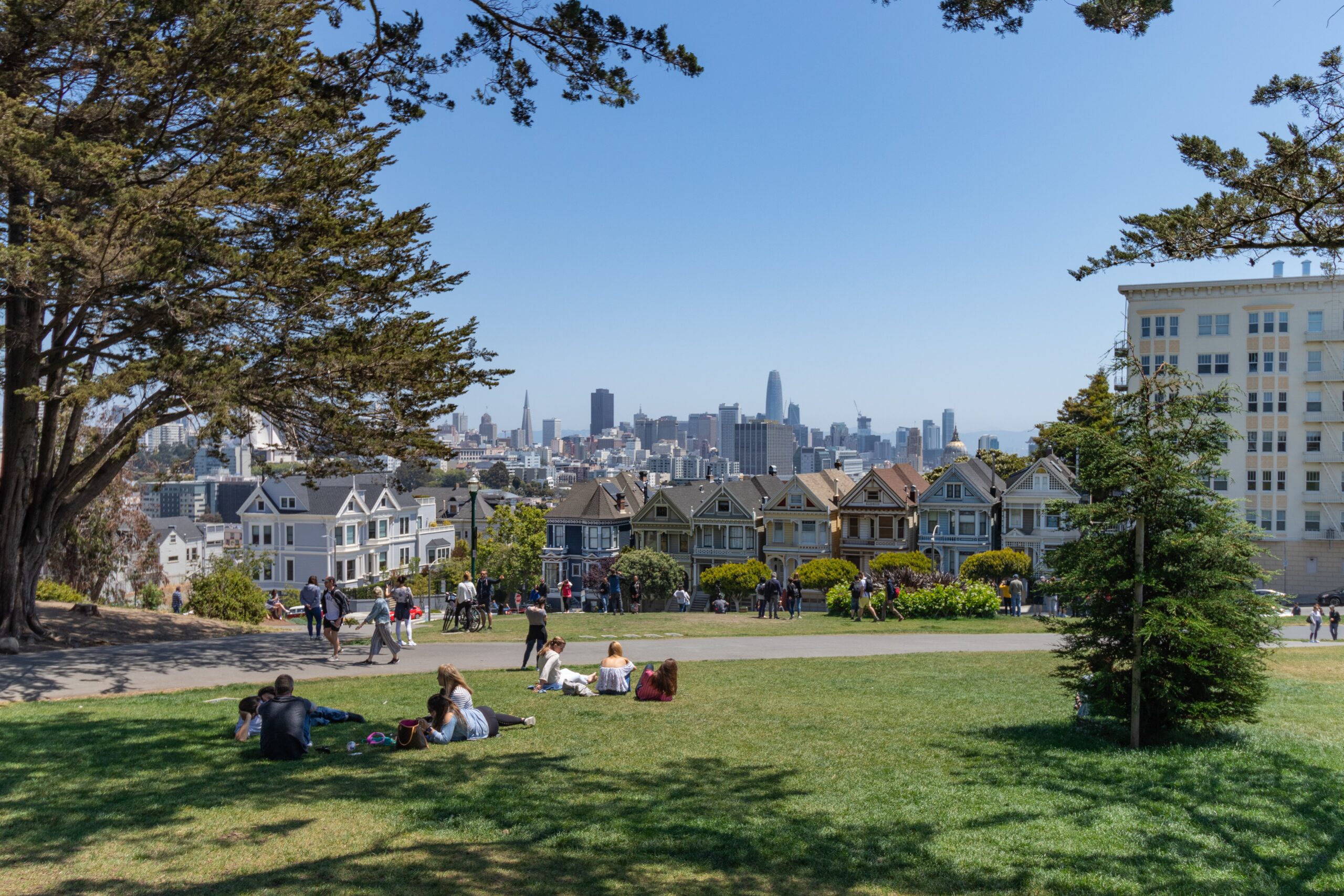 People hanging out with a view of Alamo Square, San Francisco