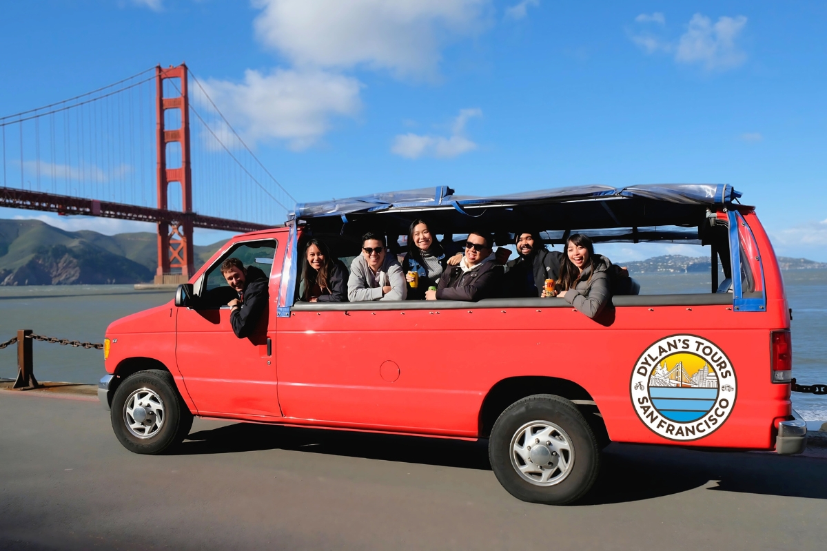 Collection of Dylan's Tours and Lombard Leap vans navigating San Francisco attractions including Golden Gate Bridge, Coit Tower, and Lombard Street's famous curves